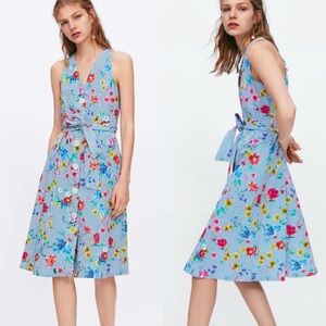 ZARA | Floral Striped Sleeveless Belted Midi Dress